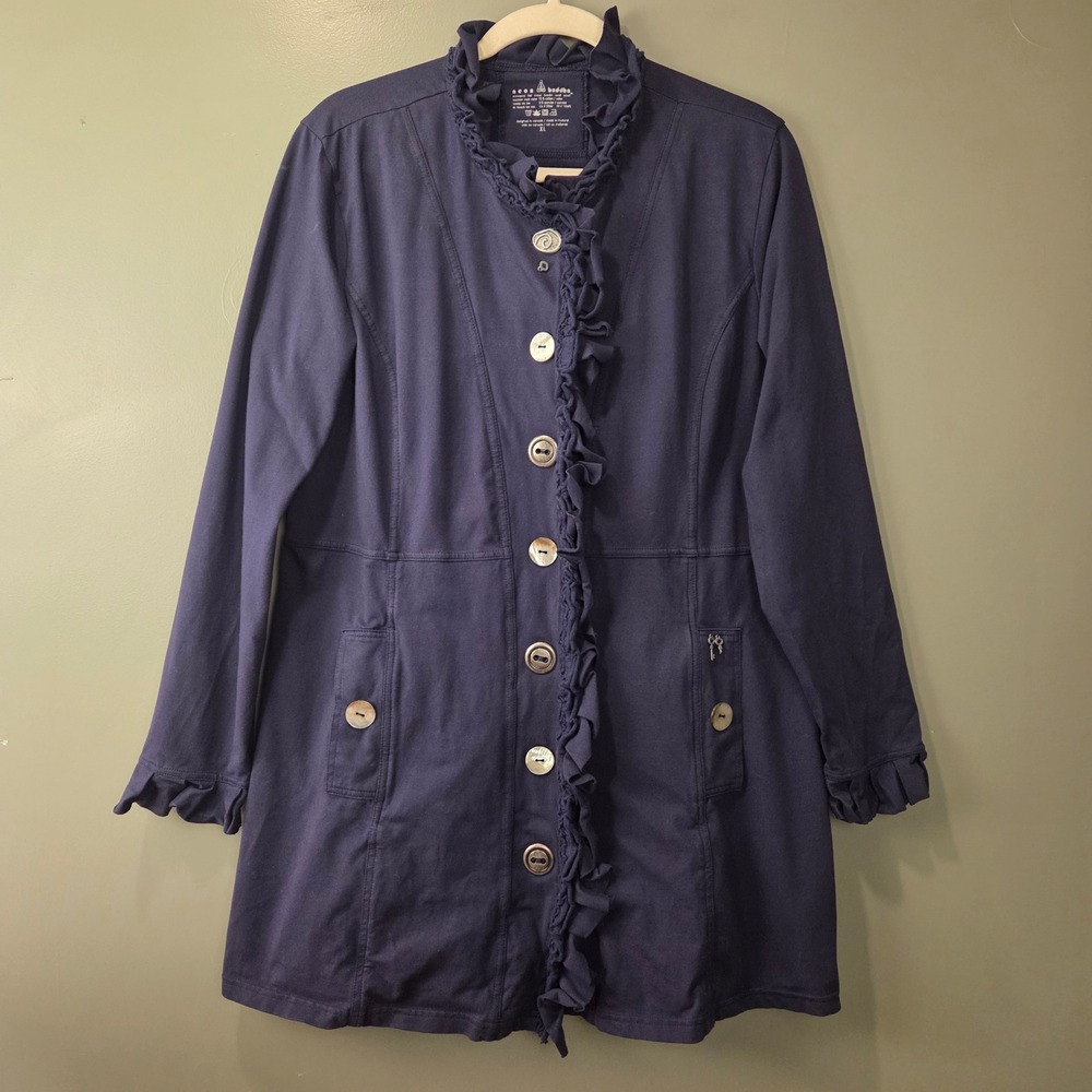 Neon Buddha Women's Knit Button Up Long Jacket Navy Blue Size XL Artsy Boho Chic